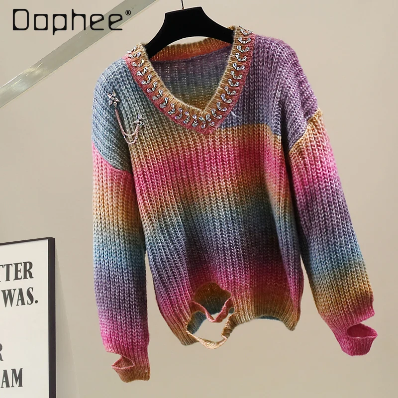 

Модный пуловер с градиентом и v-образным вырезом для тяжелой промышленности, свитер со стразами, стиль для поездок на работу, модный индивидуальный универсальный свободный топ для женщин