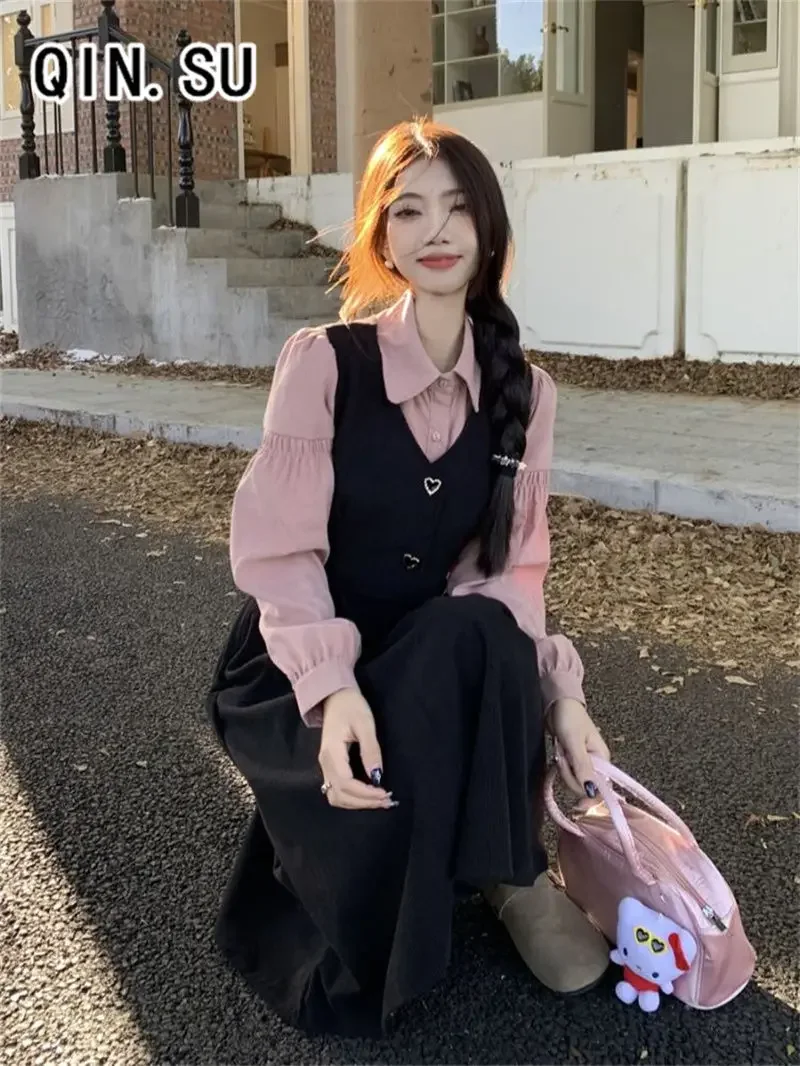 프랑스 레트로 스타일 여성용 스몰 스윗 숄더 스트랩 드레스 신상 폴로 카라 긴팔 셔츠 투피스 세트