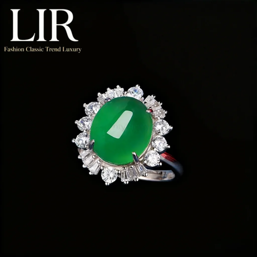 خاتم LIR المفتوح للسيدات: العقيق الأخضر الطبيعي الكبير "الكوكب اللامع" |   تتضمن شهادة اليشم