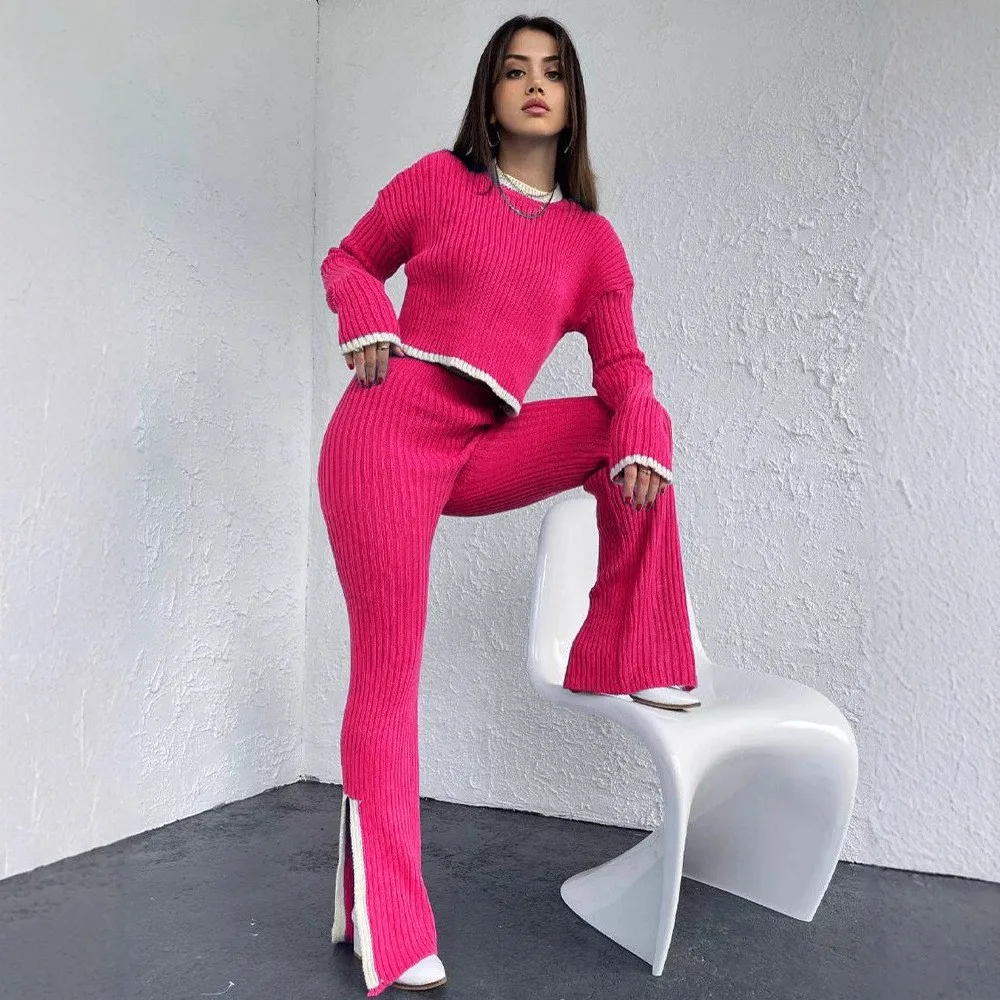 2 Pieces Set For Woman Long Sleeve Solid Color Ribbed Side Slit Pullover with High Waist Wide Leg Pants Autumn Elegant Women's