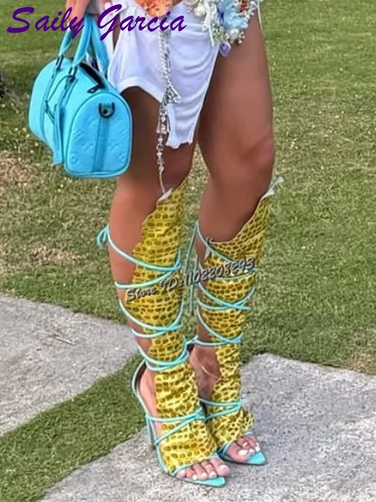 

Retro Crocodile Pattern Stiletto Sandals Square Toe Cross Strap Knee-high Summer Boots High Heels Roman Shoes Fashion Women 2025