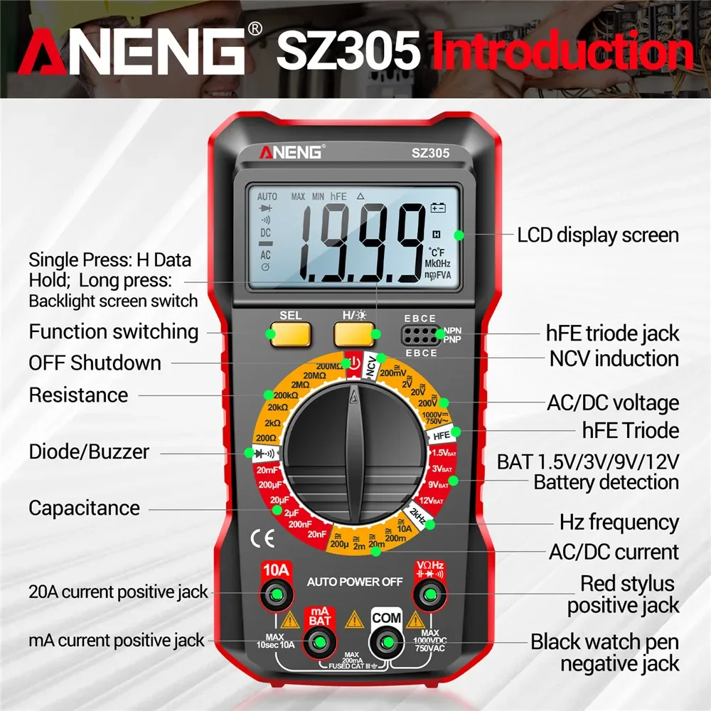 ANENG SZ305 NCV Voltage Induction Electrician Tool Professional Multimeter Digital Tester AC/DC Voltage Ammeter Capacitor Triode