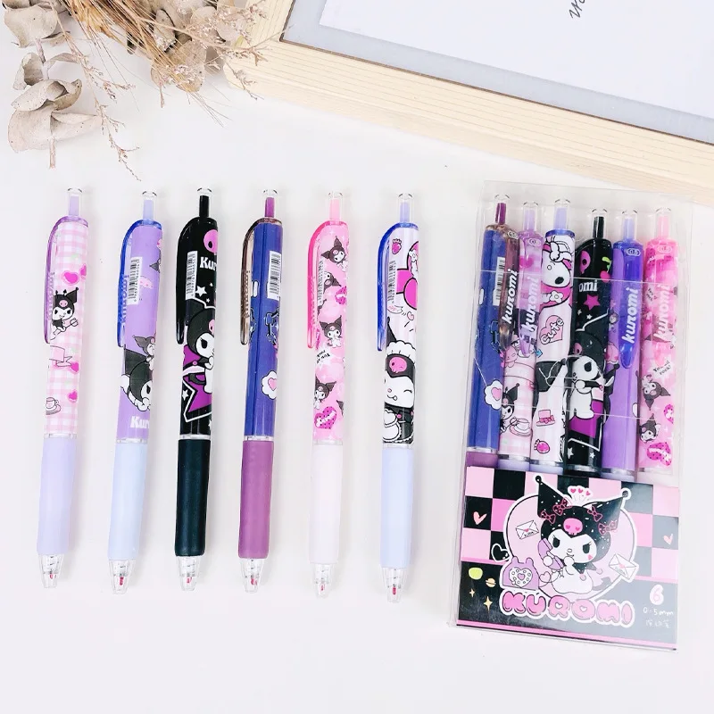 6 قطعة/المجموعة لطيف Kuromi هلام القلم 0.5 مللي متر الحبر الأسود الصحافة زر ST التجفيف السريع قلم حبر جاف للطلاب الكتابة القرطاسية هدية