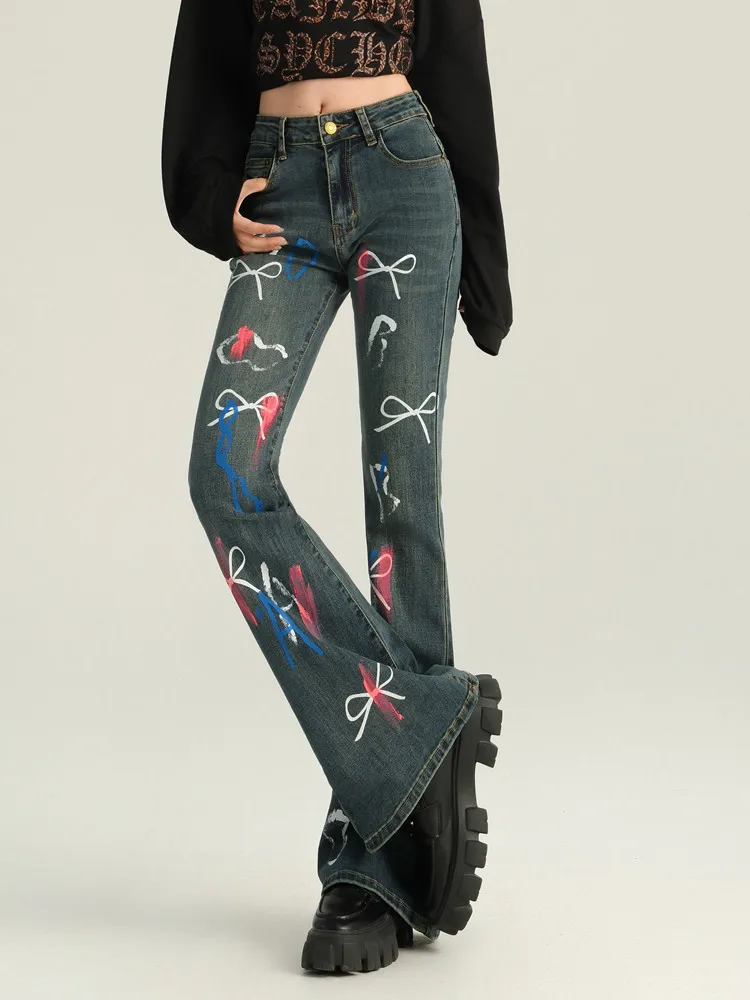 Women's Blue Bow Graffiti Flared Jeans, Casual Streetwear, High Waist, Slim Denim Pants, Ladies Fashion Trousers Streetwear, Y2K