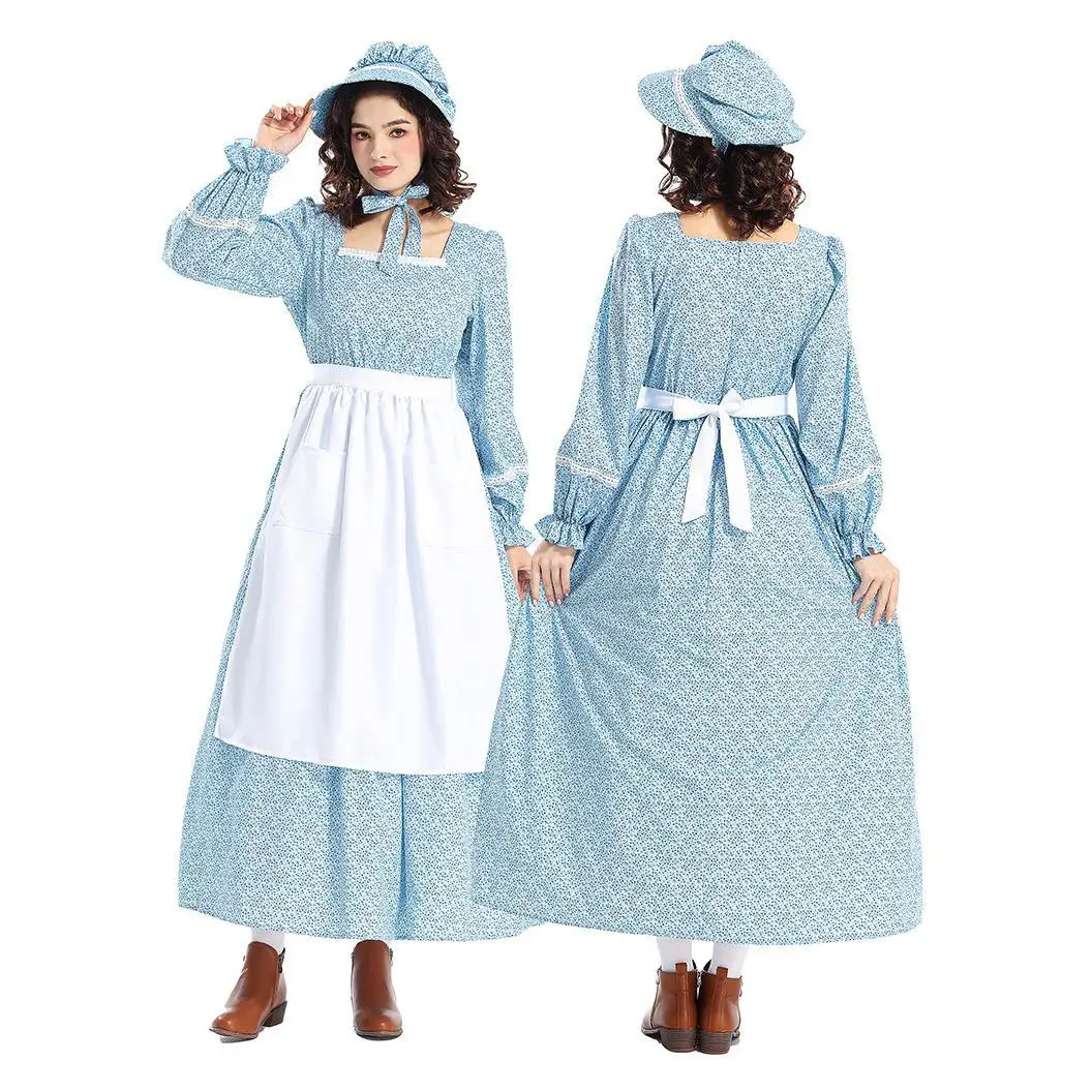 

Взрослые женщины Colonies пастораль ферма горничная платье с длинными рукавами фартук шляпа комплект костюмы для косплея на Хэллоуин наряд для ролевых игр