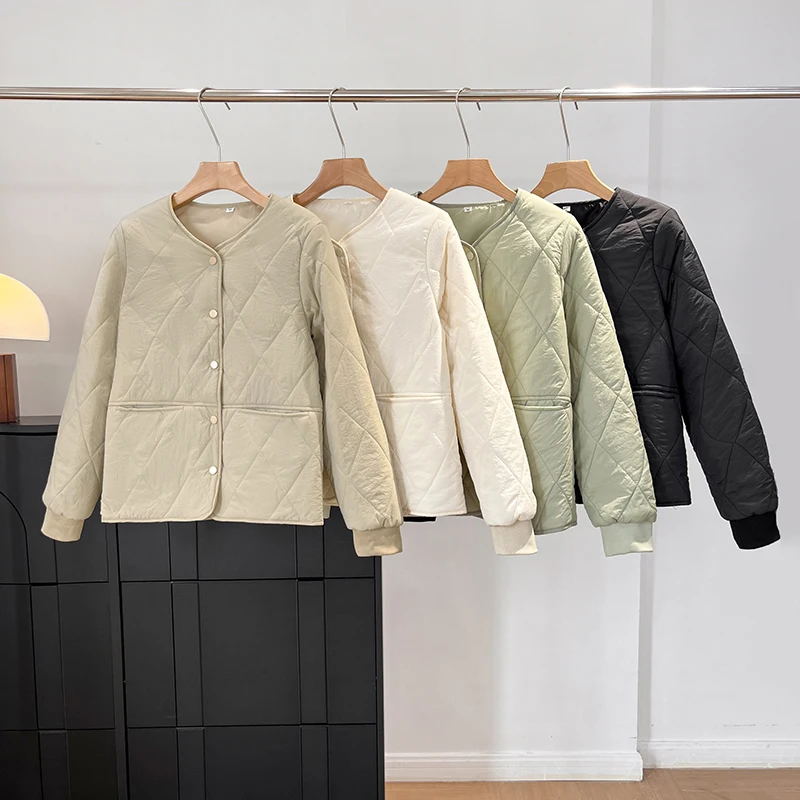 

Новая зимняя повседневная хлопковая куртка для женщин: стеганое пальто с круглым вырезом, ромбовидным узором, длинными рукавами, прямого кроя, для работы и повседневной носки