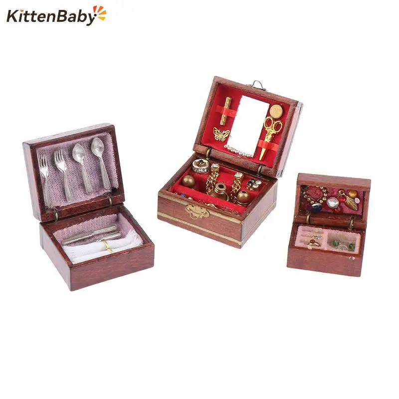 1Set Wooden Mini Jewelry Box Model Dollhouse Miniatures Children DIY Miniatures Doll Dollhouse Decoration