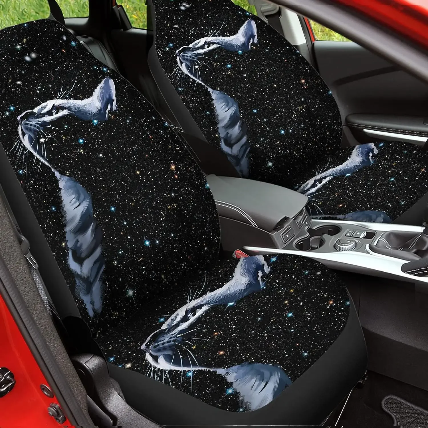 Galaxy Stars Cat Print Car Seat Covers 2 Pcs Auto Universal Front Seat Protector Men Women Automobile Decorate Accessories