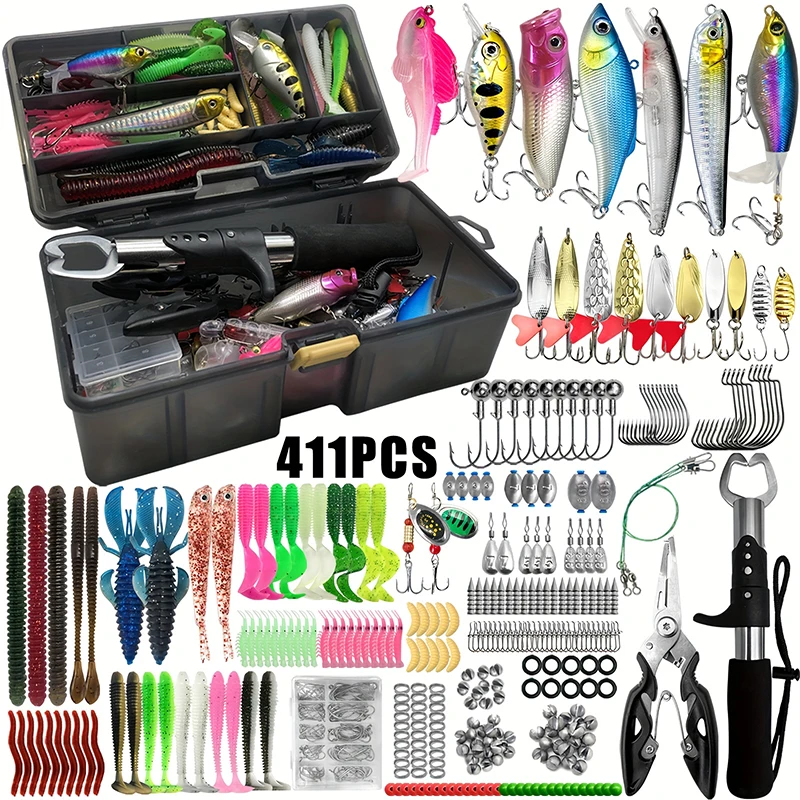 

JSFUN 411Pcs/Box Fishing Lure Tackle Set Including Soft Hard Baits Hooks Swivels Tools for Freshwater Saltwater Angling