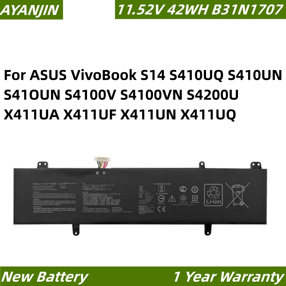 

B31N1707 11.52V 42WH Laptop Battery For ASUS VivoBook S14 S410UQ S410UN S41OUN S4100V S4100VN S4200U X411UA X411UF X411UN X411UQ