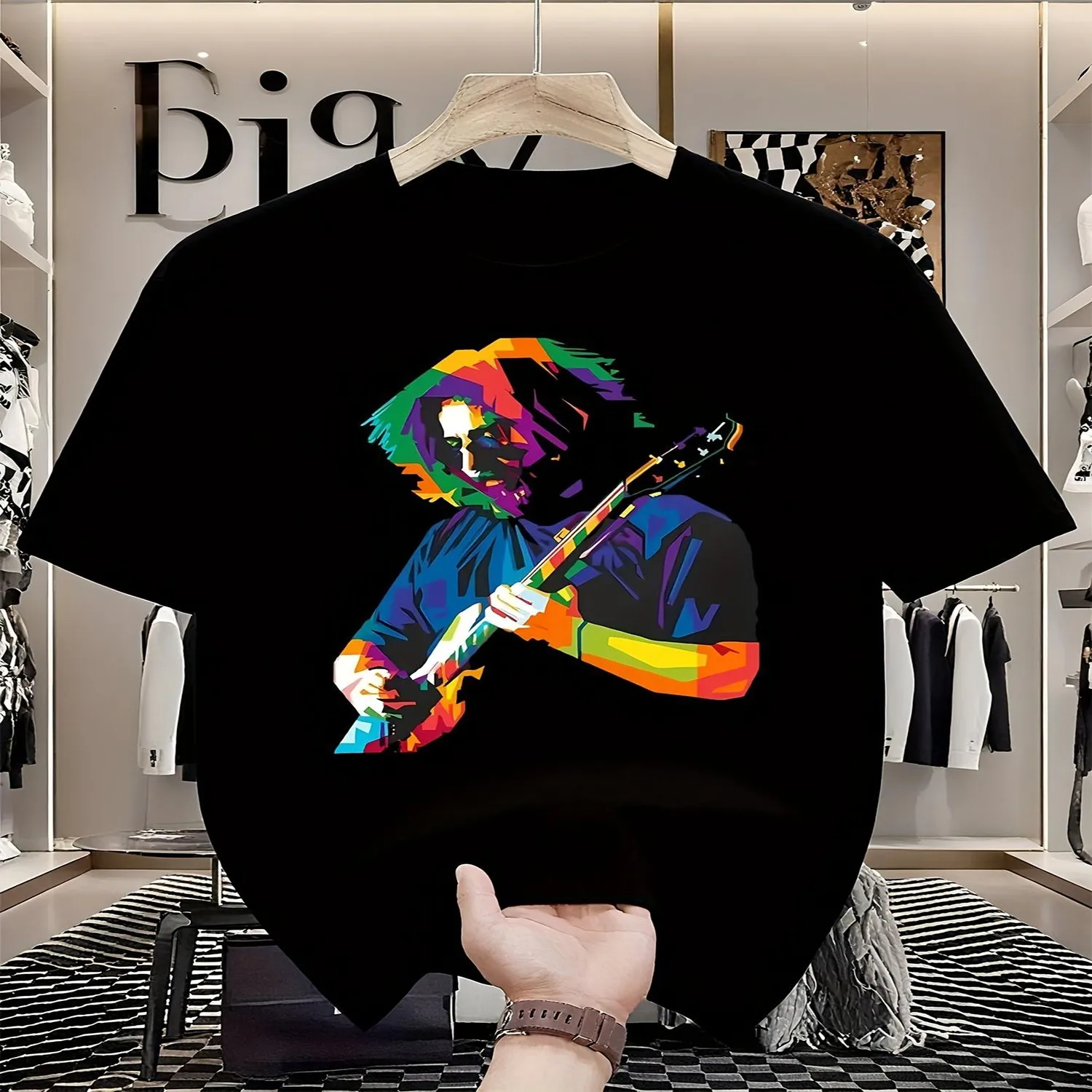 Men'S Retro Music T-Shirt - Black Short Sleeve T-Shirt with Guitar Player Print Loose Fit Crew Neck Machine Washable for All-Season Comfort Eye-Catching Design for Concerts And Casual Attire Gift Funny Shirt, Cute Tee,