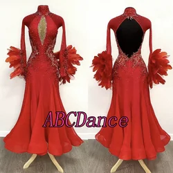 custom-made Modern Waltz Tango Ballroom Dance Dress,Competition Smooth, feather Standard Ballroom,Long Sleeve red