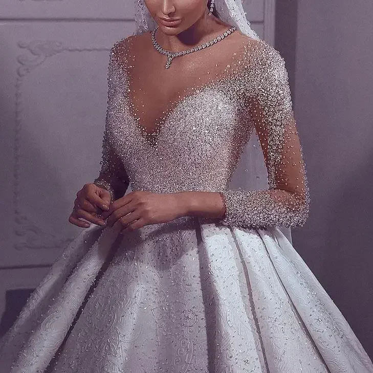 Customized Crystal Dresses Long Sleeve Ball Gowns Plus Size Princess Wedding Dress Bride Gowns For Pregnant Woman Robe Mariage