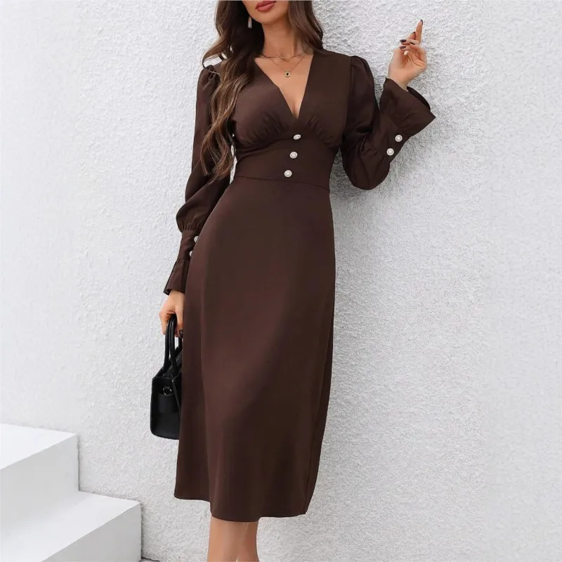 

Women's Elegant Deep V-neck Party Dress Casual Flare Sleeves Brown High Waist Slim Long Dresses Fashion Draped Evening Dress