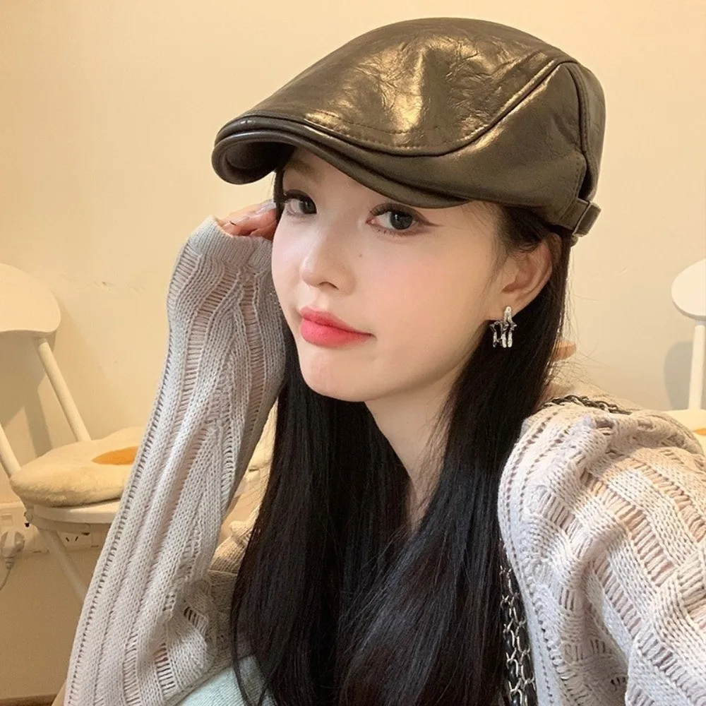 

New PU Leather Beret Vintage Fashion Sun Hat Y2K Harajku Peaked Cap Autumn and Winter