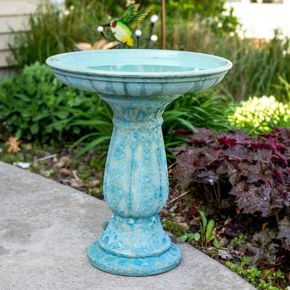 

Outdoor Ceramic Bird Bath - 18.75" H - UV- and Frost-Resistant - Glazed Bowl with Blue Lava Finish, Customized