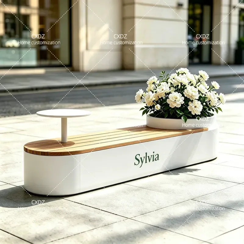Stainless Steel Galvanized Wrought Iron Rounded Corner Integrated Flower Box Bench Outdoor Shop Seating with Small Round