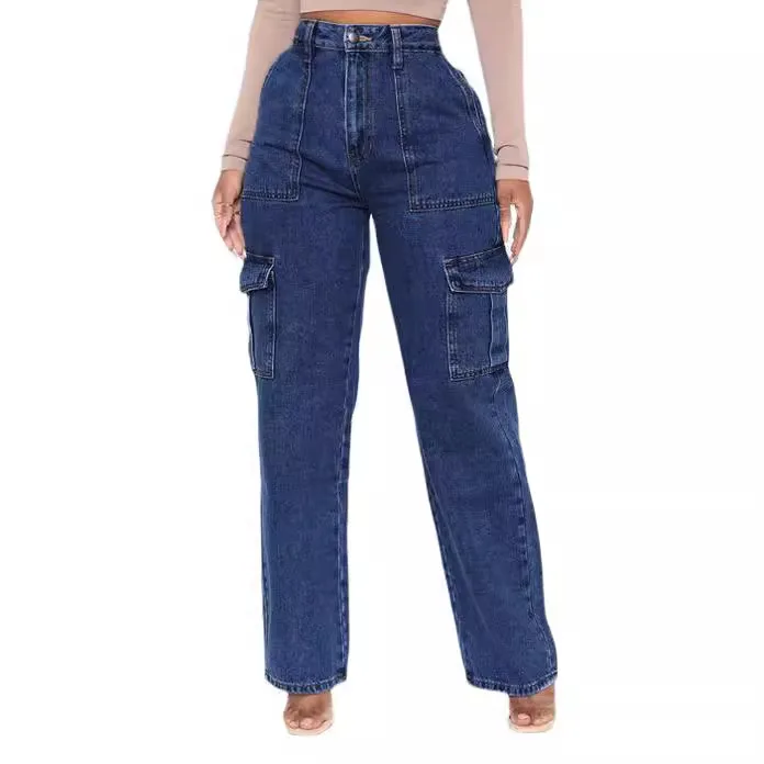 

Women Jeans Spliced Cargo Pants Denim Pockets Washing High Waist Zipper Fly Slim Fit Solid Patchwork Ankle Length Casual