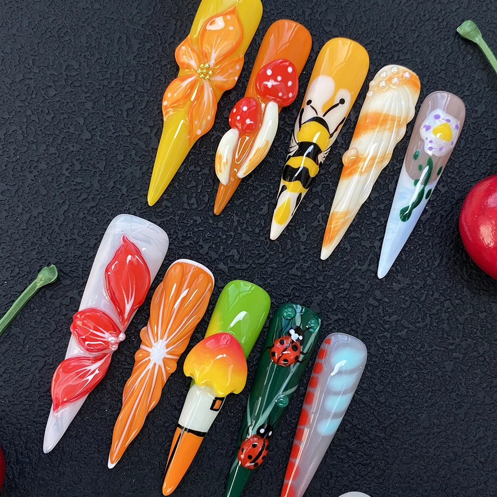 

Роскошный набор из 10 накладных ногтей ручной работы, 55 мм, глянцевые, с резным цветочным узором, эксклюзивный дизайн, гелевые искусственные ногти