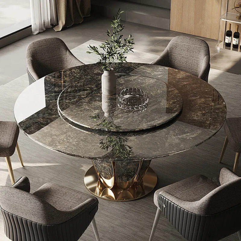 Pure natural marble dining platinum diamond luxury stone round table light luxury high-end dining table chairs