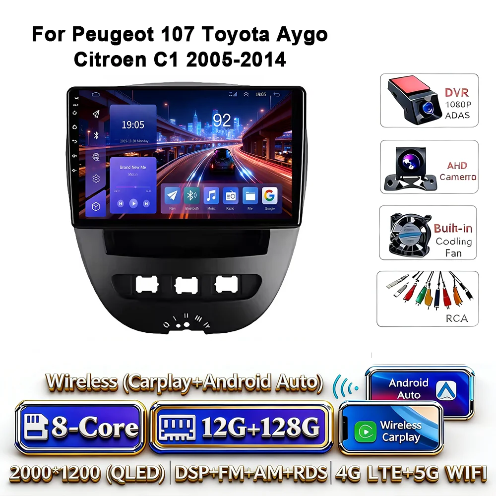 Android 17 Carplay Auto 4G WIFI autoradio voor Peugeot 107 Toyota Aygo Citroen C1 2005-2014 GPS BT DSP touchscreen multimedia