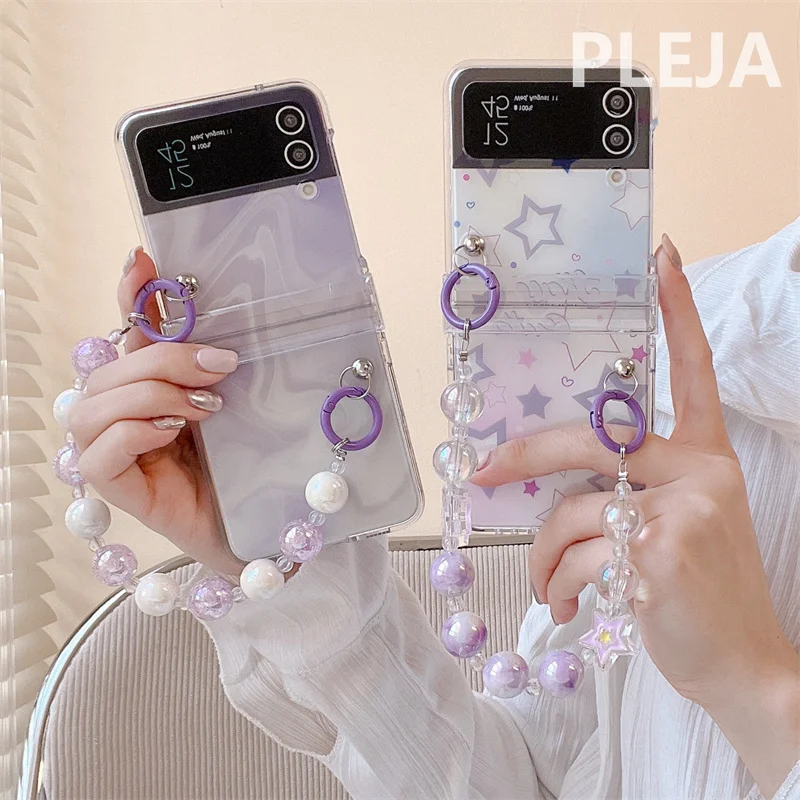 Dream Star Cute Phone Case For Samsung Galaxy Z Flip 5 4 3 Cover with Bracelet Fashion Clear Hinge Cases For Z Flip3 Flip4 5G