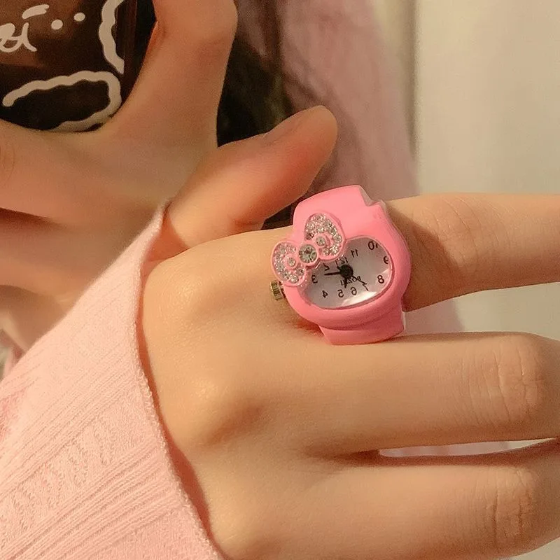 Sanrio Hello Kitty Finger Watch Cute Girl Quartz Watch Ring Hip Hop Accessories Fashion Jewelry Watch Ring Jewelry Children Gift