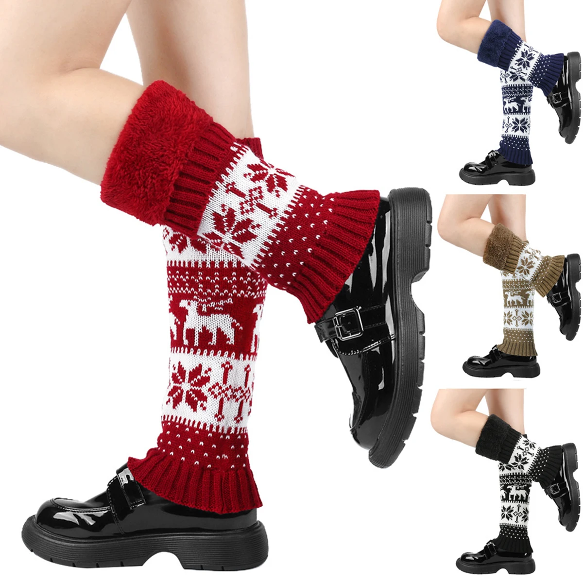 Womens Christmas Leg Warmer Snowflake Autumn Winter Folk Style Warm Fleece Leggings Knee Length Knitted Boot Socks Leg Sleeve