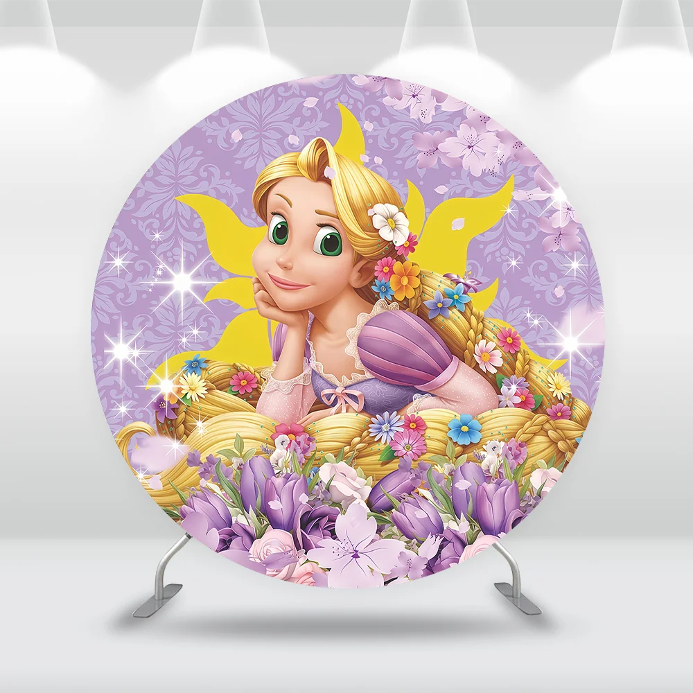 

Круглый фон-покрытие Disney Tangled с принцессами, баннер на день рождения девочки с Рапунцель, цветы, фонарики, украшения для стола с тортом на детский праздник, товары для вечеринок