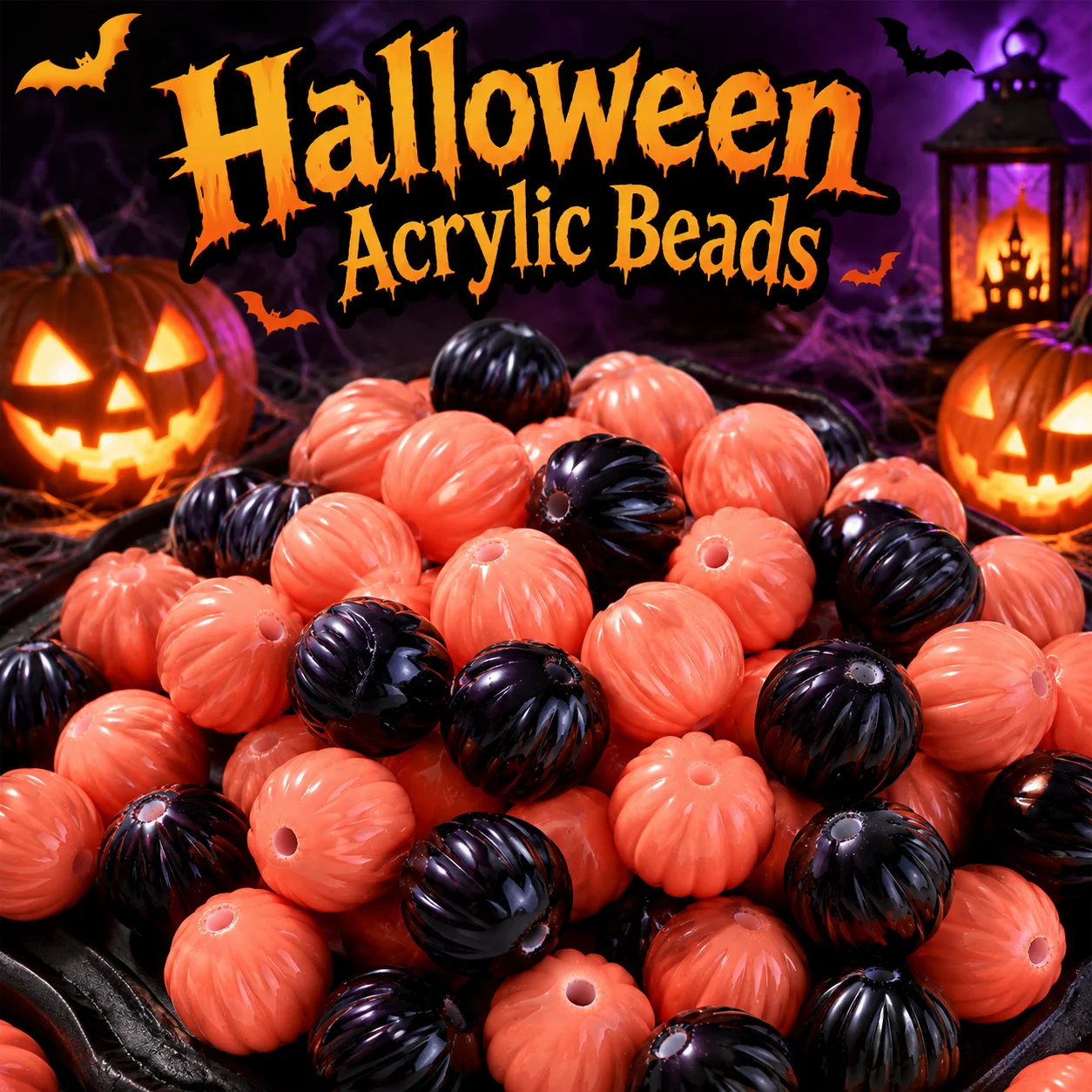 iYOE 10/20pcs 15mm Acrylic Halloween Pumpkin Beads Orange Black Spacer Beads for DIY Jewelry Bracelet Halloween Festival Craft