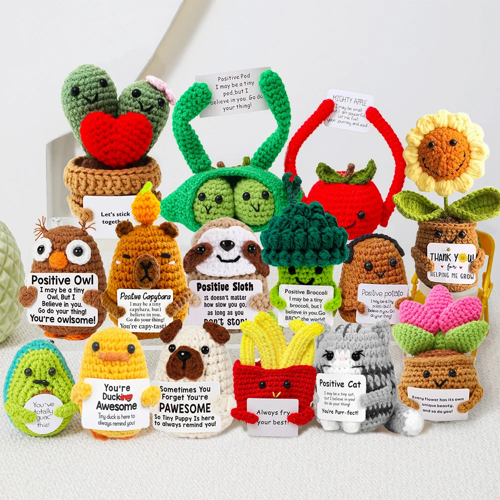 Mini muñeca de ganchillo Animal hecha a mano con bolsillo para patatas, energía positiva, regalo divertido de lana para amigos o amantes, planta de soporte emocional
