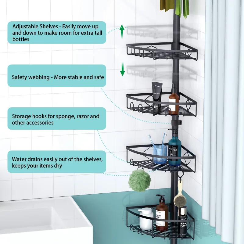 4 Tier Adjustable Stainless Steel Shower Tension Rod: Floor Standing Shelf Tub Storage Rack With Rust-Proof Rods