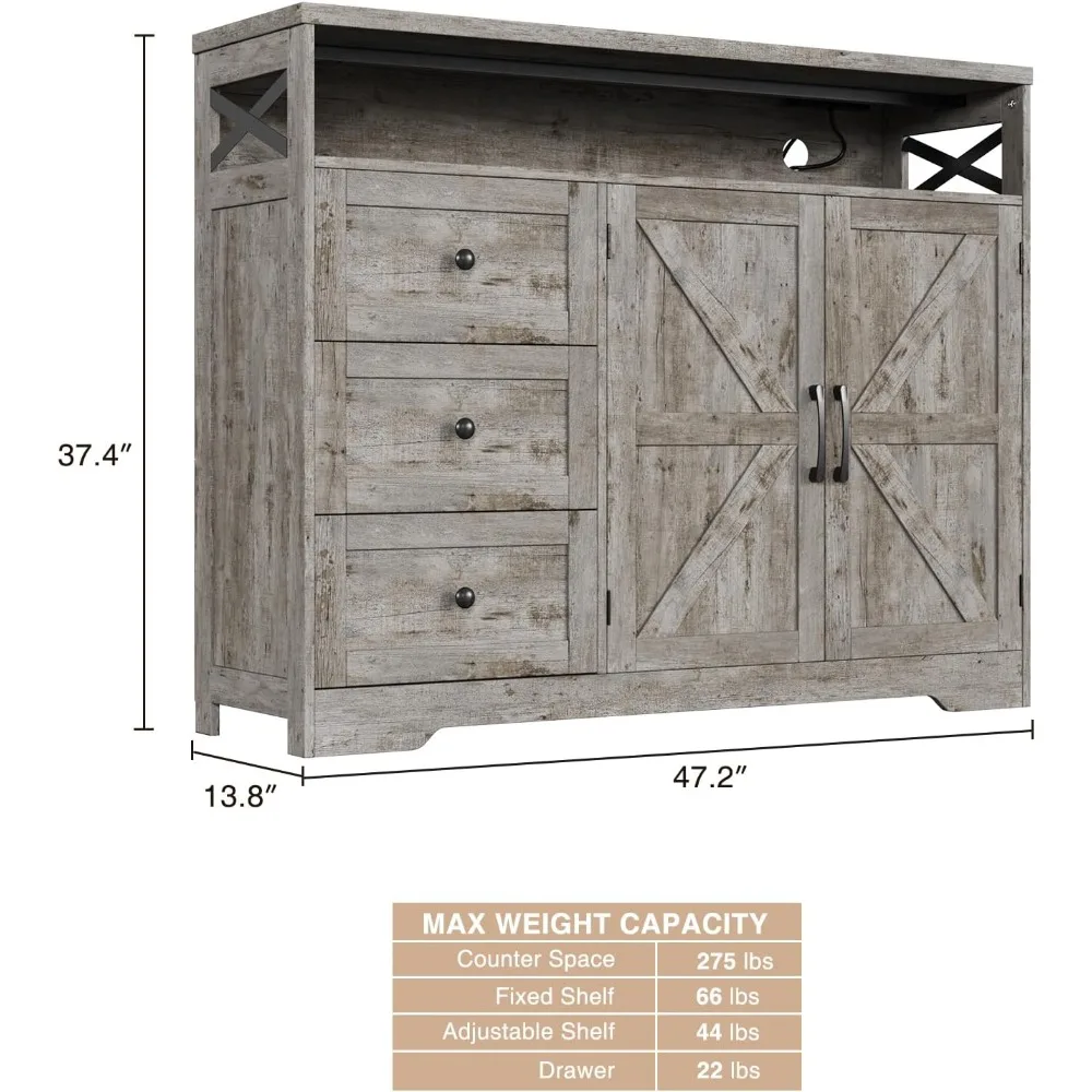 47''W Kitchen Cabinet with Storage, Shelf, Charging Station and 3 Drawers, Farmhouse Buffet Sideboard, Rustic Accent Cabinet