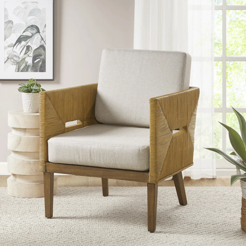 Handcrafted Rattan Upholstered Accent Arm Chair - Handcrafted Rattan with Soft Linen Cushions, Solid Wood Legs