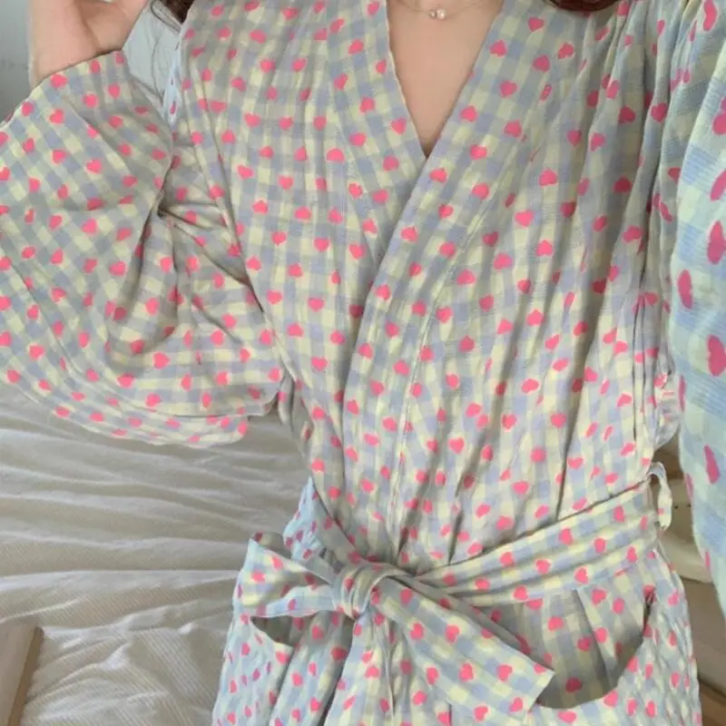 

Women's Clothing Pajamas Bathrobe Robe Autumn New Sweet Grid Loose Long Sleeves Long Style Ins Wind Fashion Thin Version