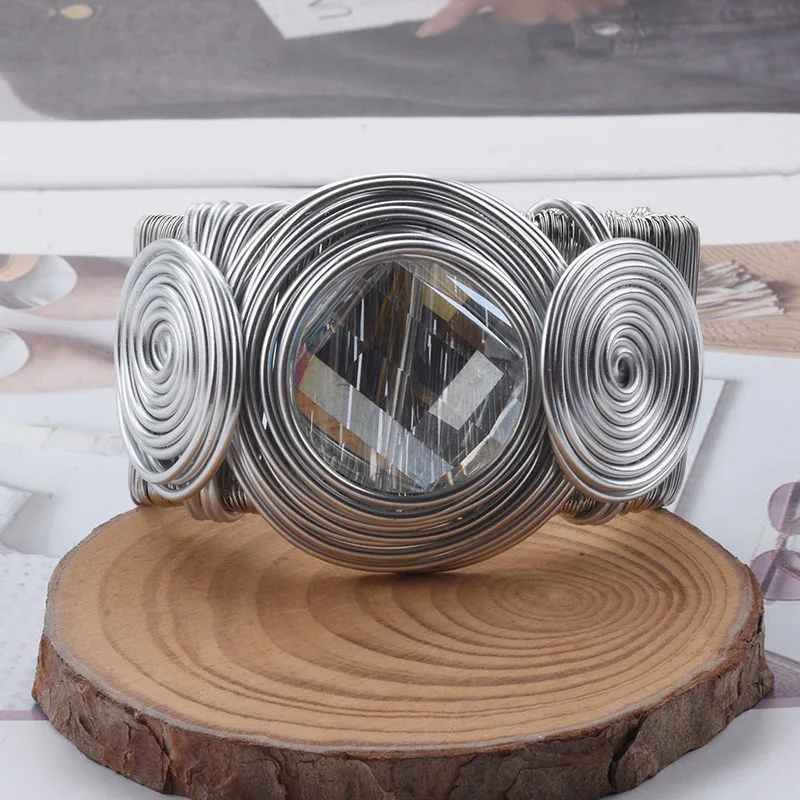 Exaggerated Metal Wire Winding Cuff Bangles Big Brown Rhinestone Heavy Metal Bracelet For Women Personality Jewelry Gifts