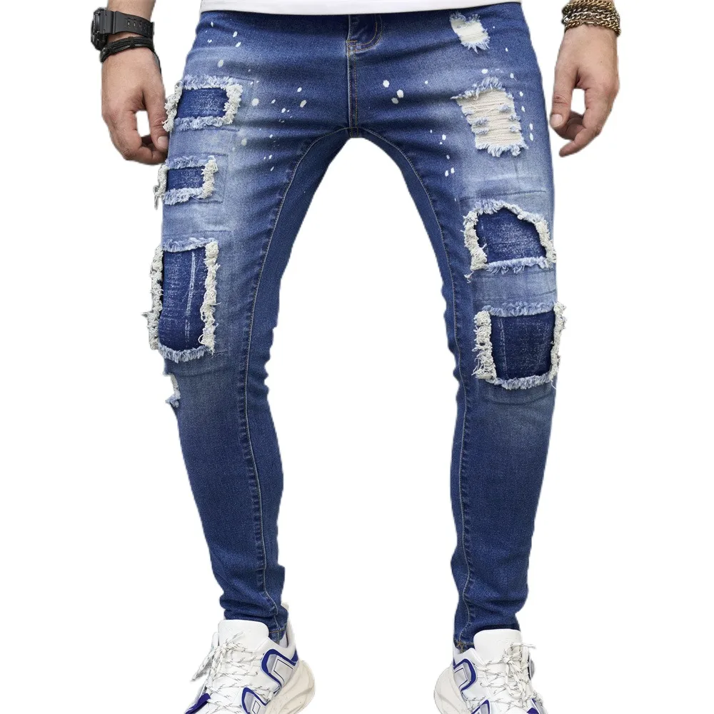 

Fashion High Street Destroyed Jeans Pants With Patches Men's Streetwear Ripped Skinny Denim Trousers Washed Blue Bottoms