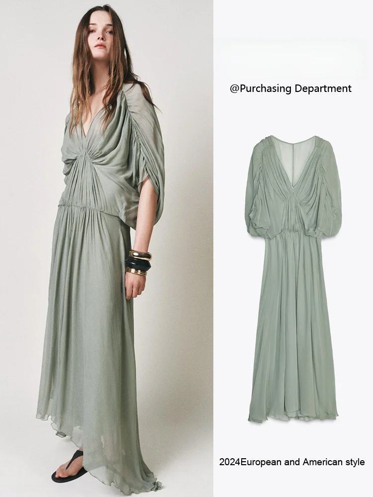 

Летнее Новое Поступление: Женское Длинное Платье Макси с V-образным Вырезом, Плиссированное, Элегантное, Свободного Кроя, с Рукавами-Фонариками, для Вечеринок, Цветное