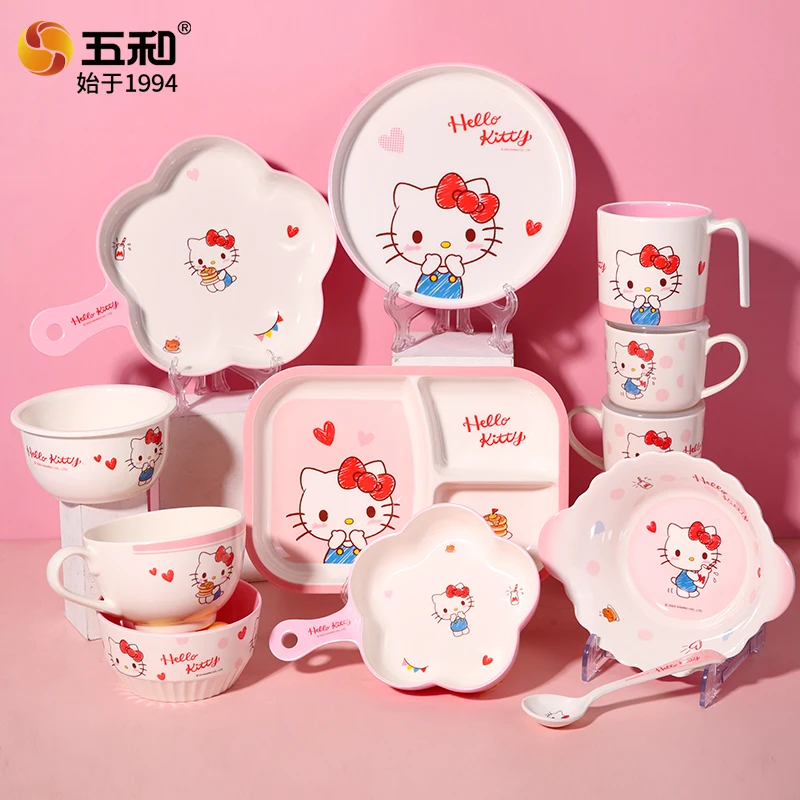 Hello Kitty Children tableware Cartoon Dinner plate Safe and Heat-Resistant Rice Bowl Cute Water cup Spoon Food-grade tableware view 6