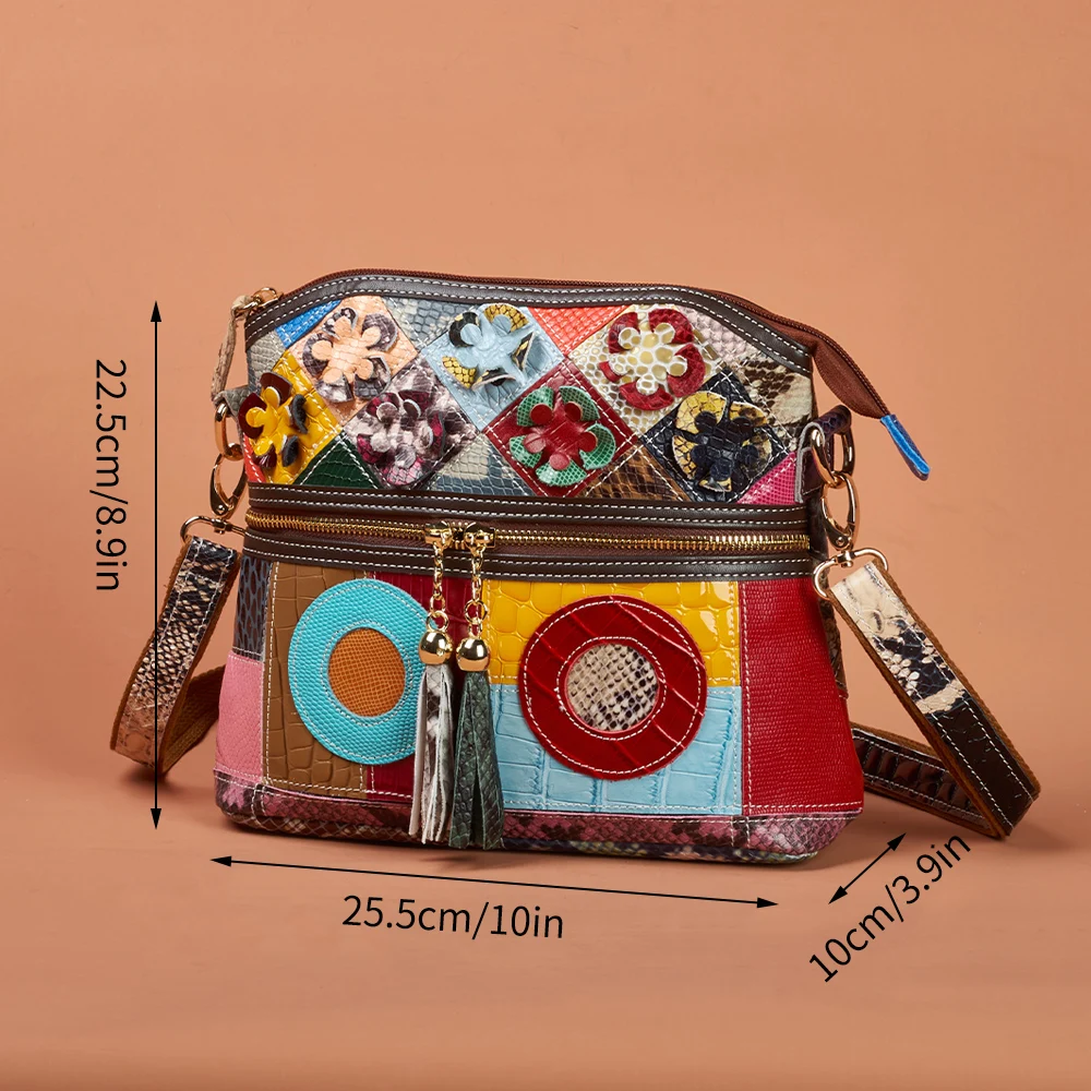 Cowhide Messenger Bag for Women: Waterproof Snake Print & Floral Design, Compact Crossbody Bag with Adjustable Tassel Strap