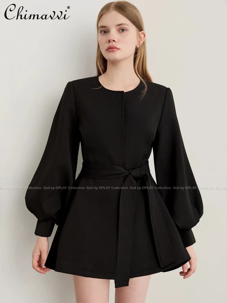 

2025 Autumn New Black Dress French Elegant Temperament Style Round Neck Puff Sleeve Lace-up Slim Fit Short Trenchs Coats Women