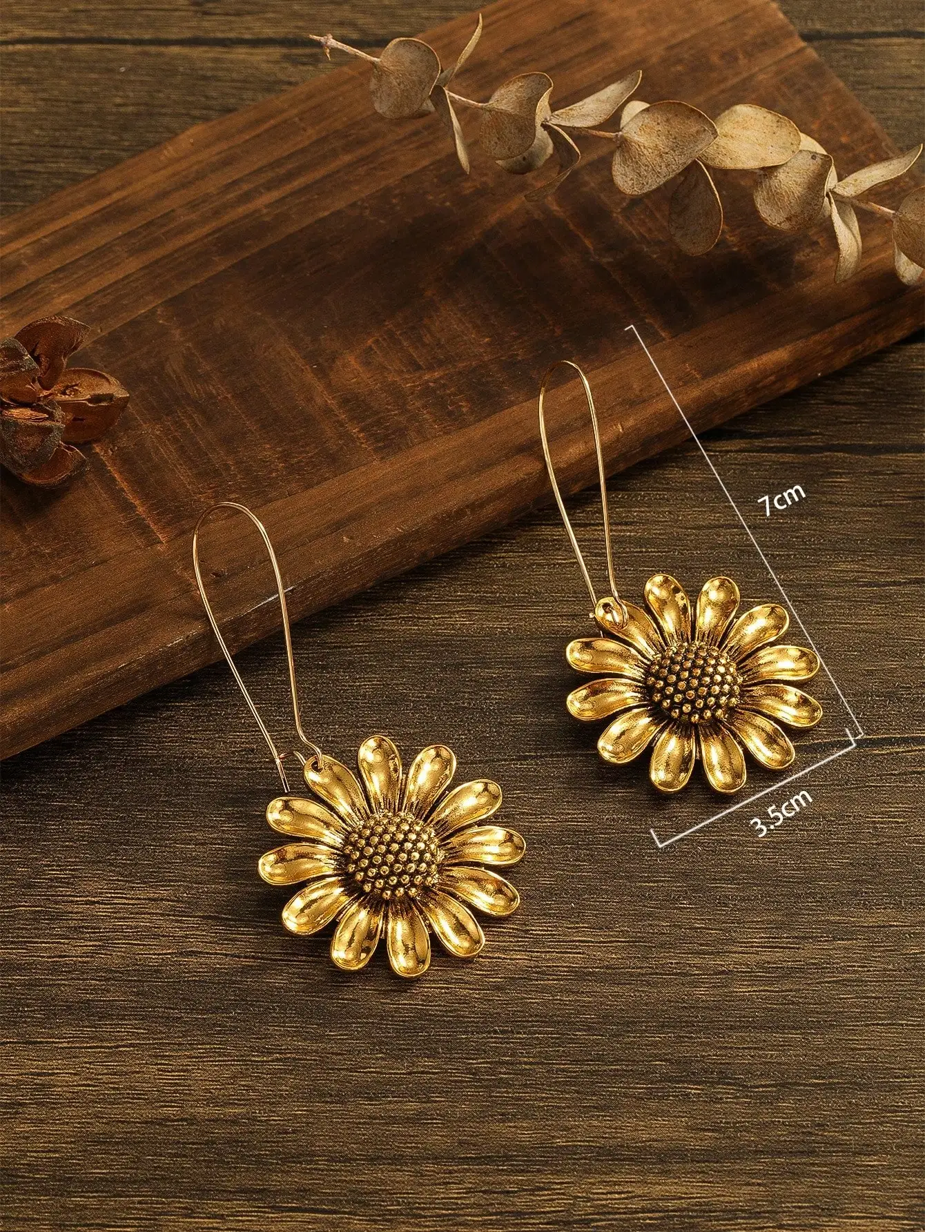 Luxury Gold Color Sunflower Earrings Large Sunflower Boho Floral Inspiration Statement Earrings Woodland Wedding Hippie Jewelry view 4