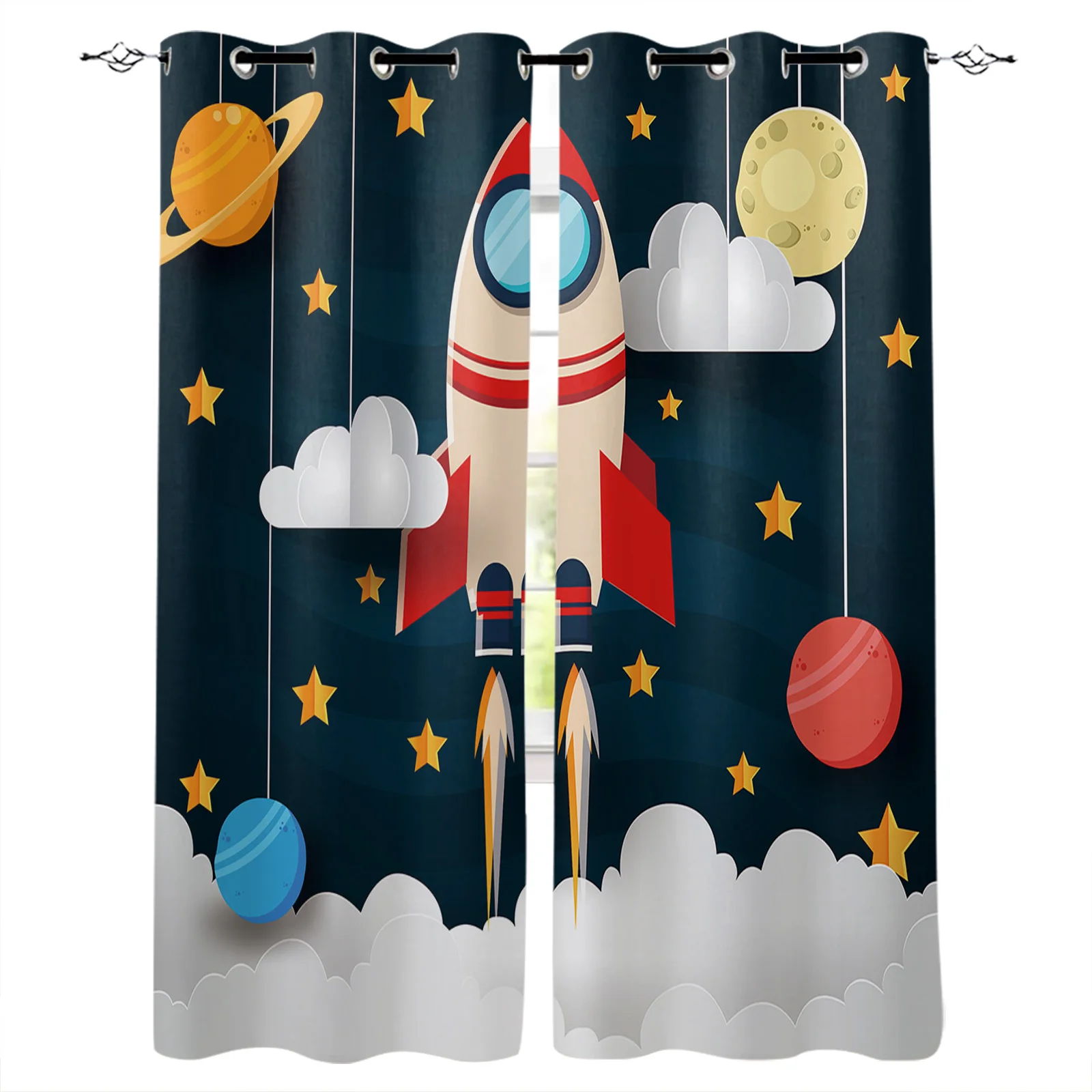 Outer Space Cartoon Cute Spaceship Rocket Curtains for Children\'s Bedroom Living Room Kids Window Treatments Kitchen Drapes