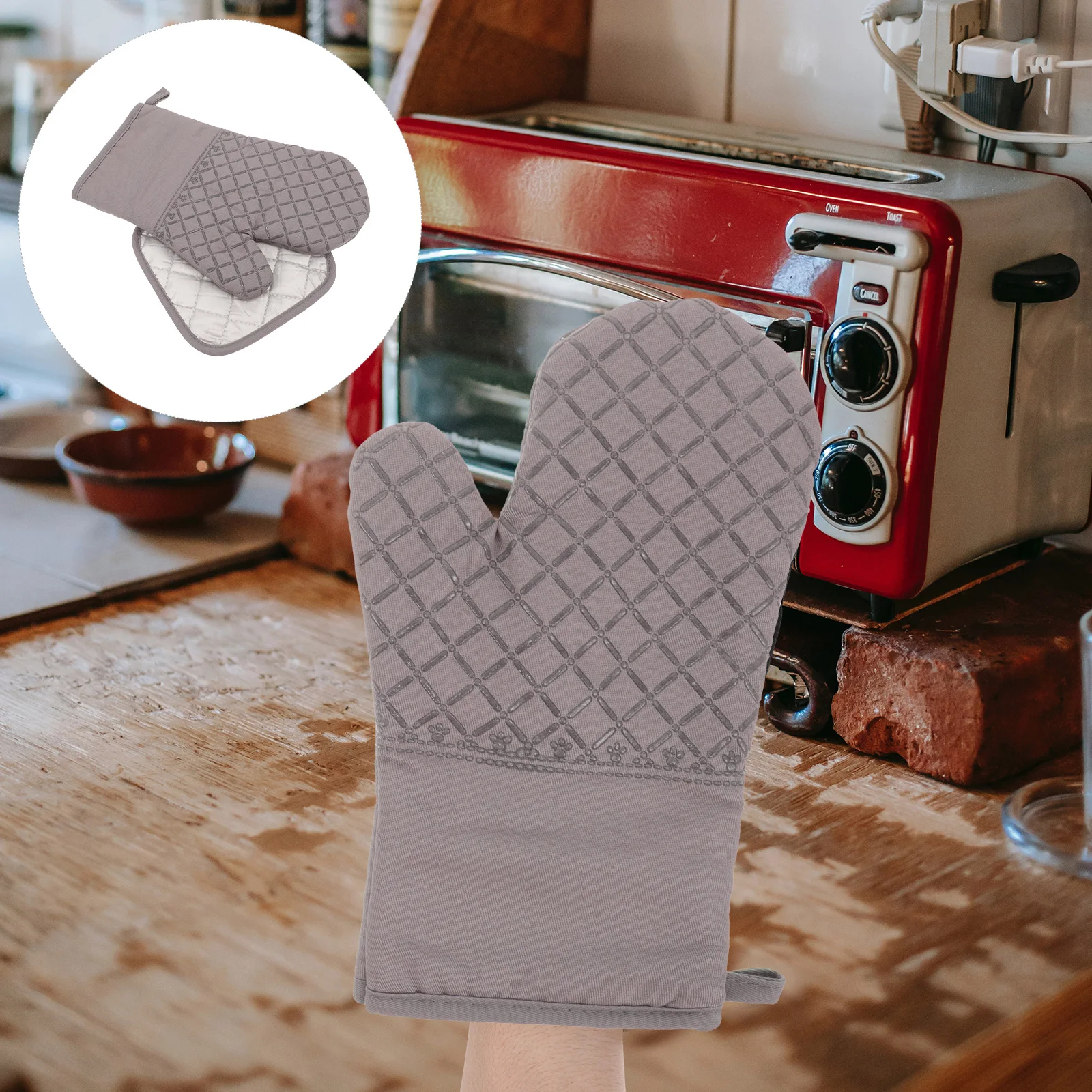 

1 set Silicone Oven Mitts Set 1 Gray Checkered 30cm Pot Holder Heat Resistant Kitchen Baking Necessities Steam Proof Gloves Pad