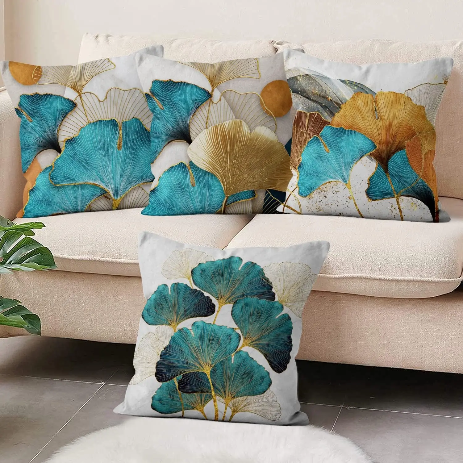 4pcs Teal Gold Ginkgo Leaf Printed Pillow Cover Polyester Cushion Case 2D Flat Printing Pillowcase Luxury Home Decor Art Style