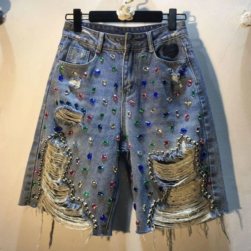 Summer Short Jeans High Waist Slim Straight New Diamond Bead Station Ripped Denim Pants Women's 2024 Vintage Casual Jeans Pants