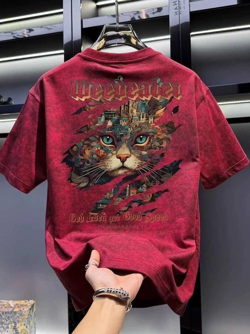 Retro American Style Pure Cotton Washed round Neck Short Sleeve T-Shirt Trendy Brand Print Loose Versatile Half Sleeve for Men