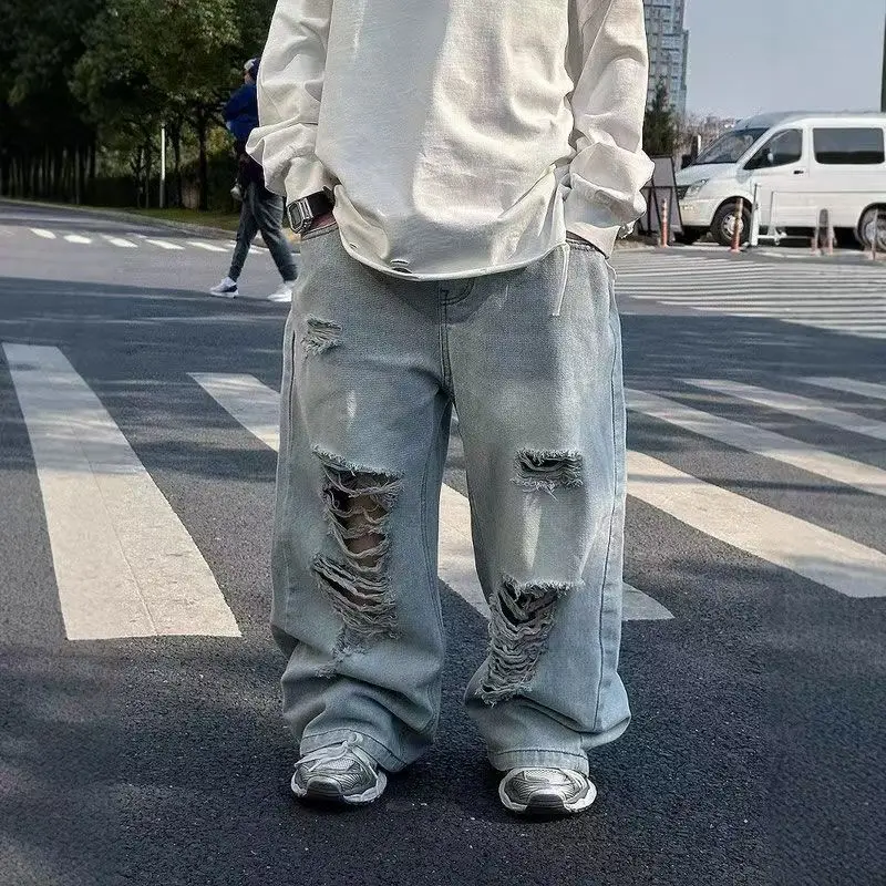 2025 Spring and Autumn New Children's Ripped Jeans Loose Straight Leg Versatile Boys Girls Stylish Pants Trend
