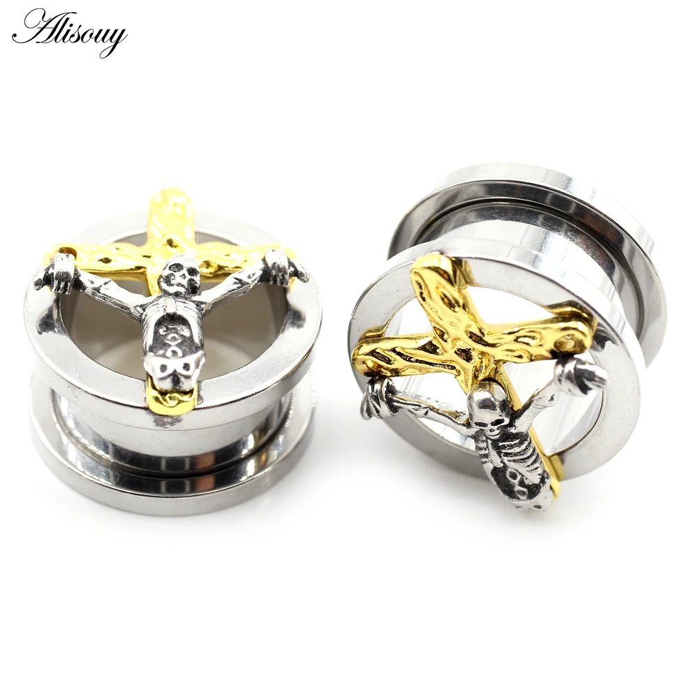 1 Piece Punk Skull Cross Threaded Stainless Steel Ear Tunnel Plug Expander Stretcher Gauge Earrings Piercing Body Jewelry