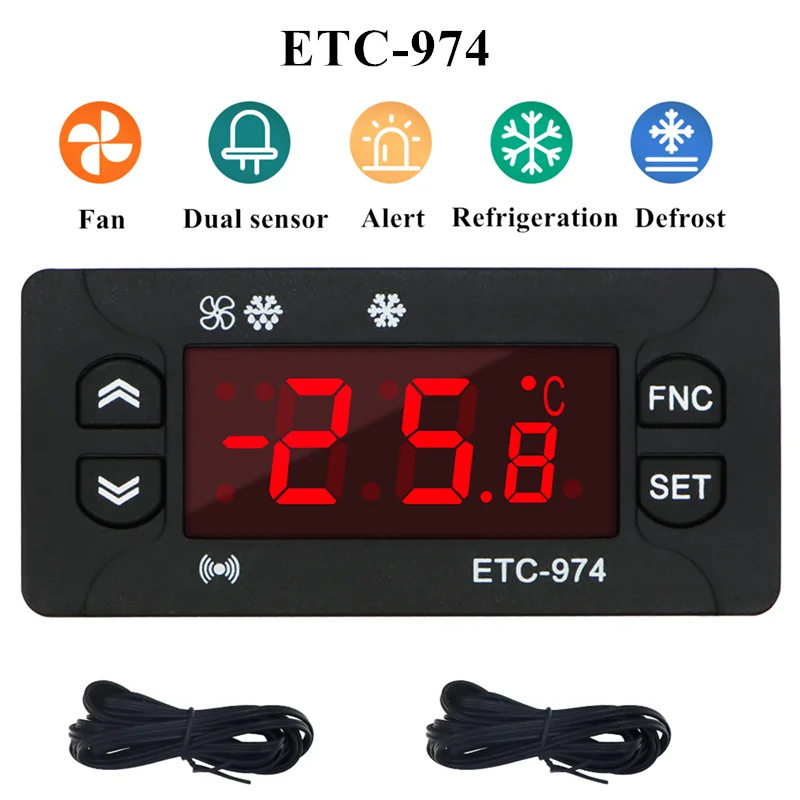 ETC-974 Temperature Controller Refrigerator Defrosting Heating Control Thermoregulator with Dual NTC Sensor 220V